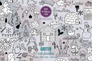 Hand drawn winter season drawings. A bundle of doodles; snowflake, snowman, mittens, penguin, outdoor activities, igloo, winter sports, hockey, skates, wood cabin lodge, star clip art illustrations.