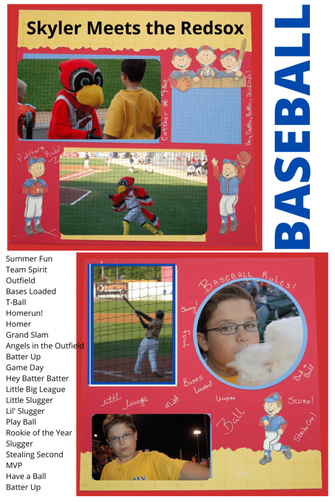 Left and right side of a baseball themed scrapbooking layout
