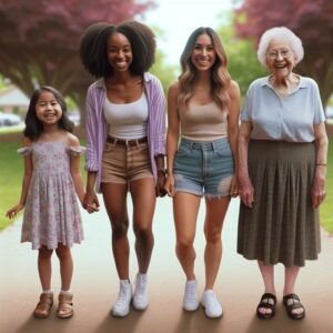 Image of four generations of women looking at the camera and laughing to go with the title of Walking in Each Others Shoes