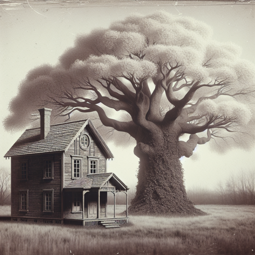 AI generated photo by Tammey and Checkoutrubi.com of an old house and a magestic, magical looking tree